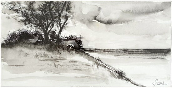 Tuschezeichnung "Darß - Hinter den Dünen" Japantusche auf satiniertem Archespapier 15 x 30 cm