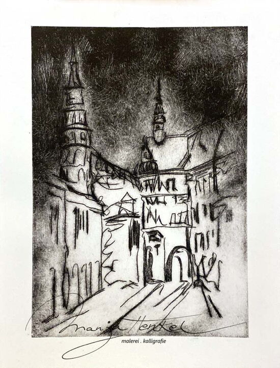 Druckgrafik - Stadtansicht "Brüderstrasse mit Schönhof - Goerlitz" Kaltnadelradierung 19x25cm