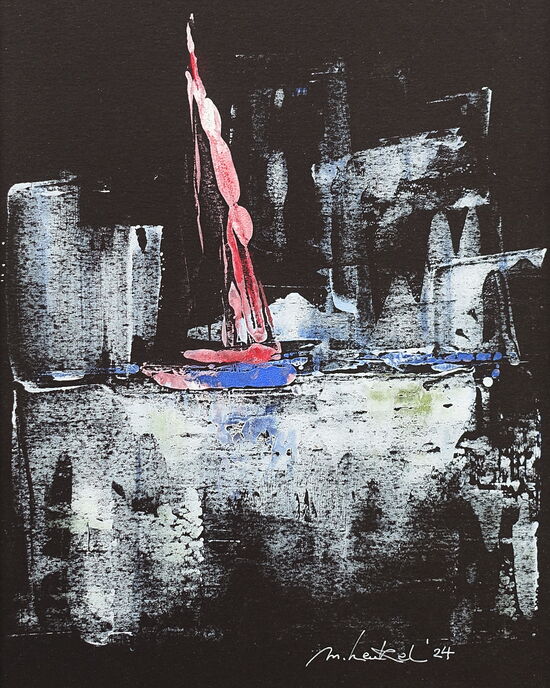 Druckgrafik - "Kleiner Hafen - Althagen" Monotypie auf schwarzen Karton - Öldruckfarben, 20 x 30 cm